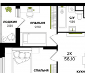 2-комн, 56 кв м, этаж 19/25 Тула, Восточный обвод