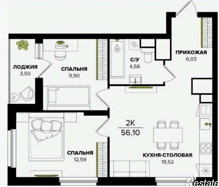 2-комн квартира в новом доме